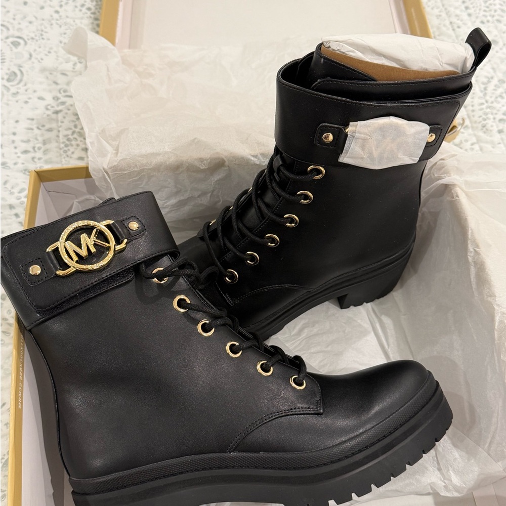 Michael Kors Black Lace-Up Boots with Gold Accents - Picture 6 of 9